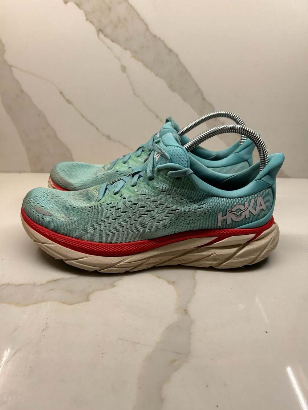 Hoka One One Clifton 8 Teal Blue Red White Running Shoes Mens Size 9.5